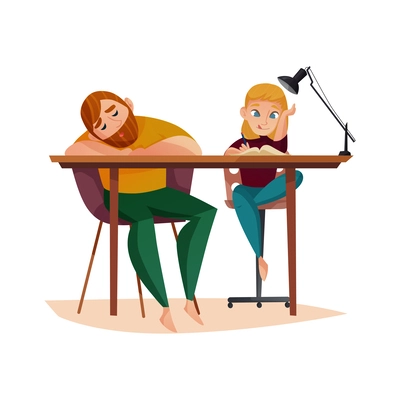 Fatherhood flat concept with tired dad sleeping at desk while little daughter doing her homework vector illustration