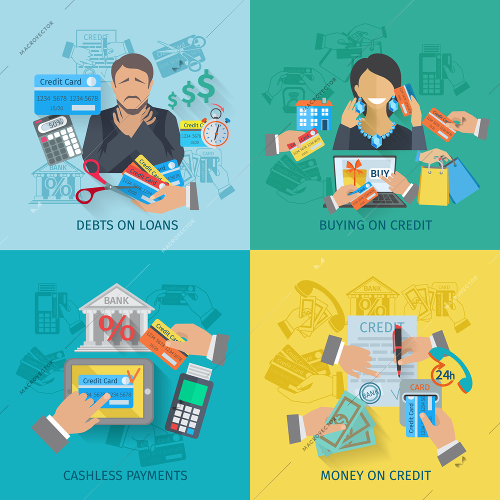 Credit life design concept set with debts on loans cashless payments flat icons isolated vector illustration