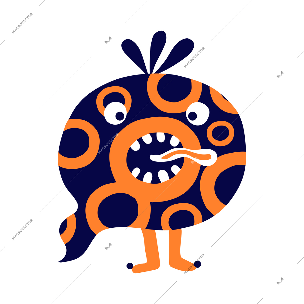 Flat funny blue and orange monster with long tongue vector illustration