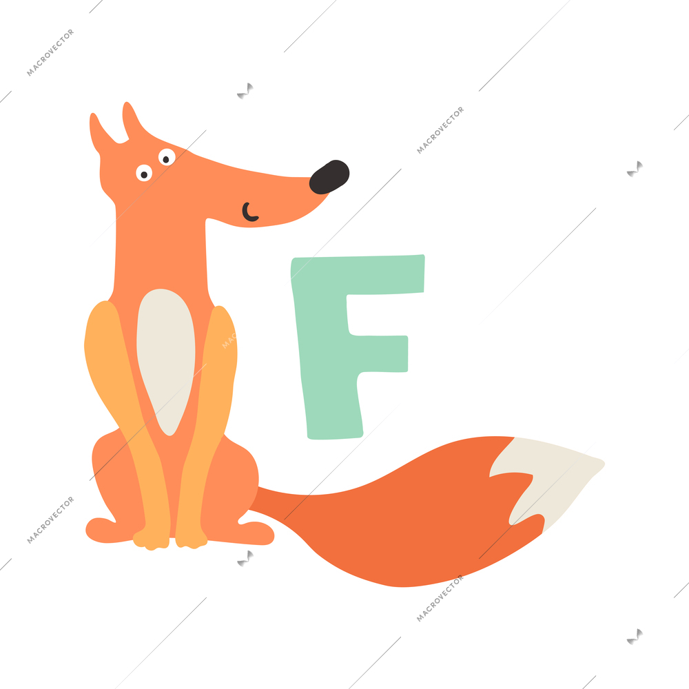 Children alphabet cute animal letter f for fox flat vector illustration