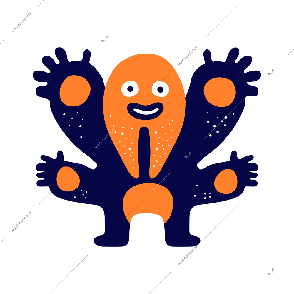 Flat cute funny blue and orange monster with four arms vector illustration