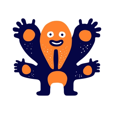 Flat cute funny blue and orange monster with four arms vector illustration