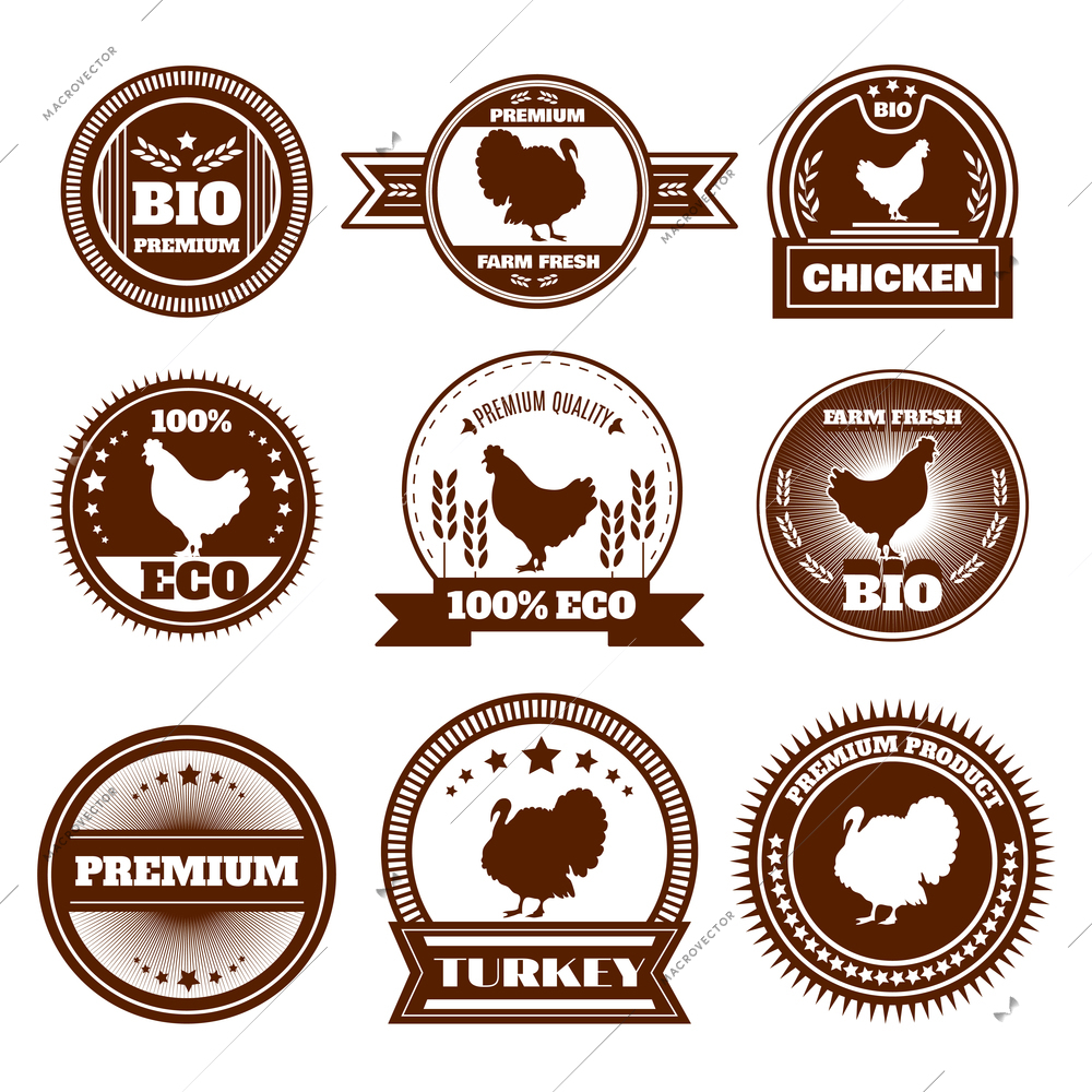 Eco organic farm free range chicken turkey premium quality production emblems icons set abstract isolated vector illustration