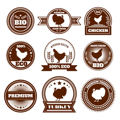 Eco organic farm free range chicken turkey premium quality production emblems icons set abstract isolated vector illustration