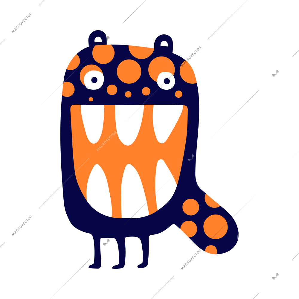 Flat funny blue and orange monster with big teeth vector illustration