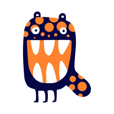 Flat funny blue and orange monster with big teeth vector illustration