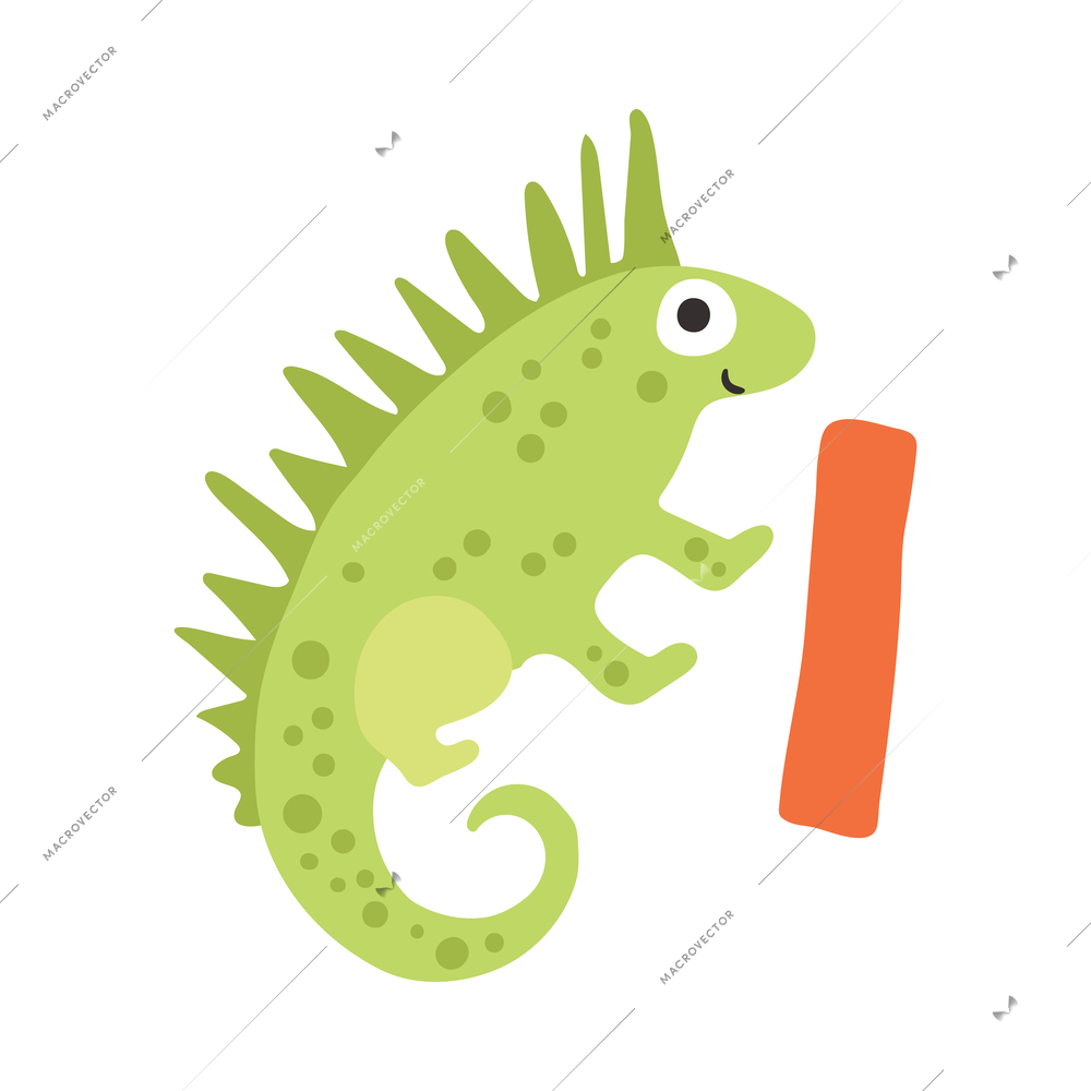 Children alphabet cute animal letter i for iguana flat vector illustration