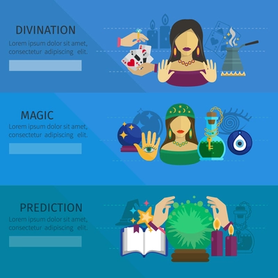 Fortune teller horizontal banner set with divination and magic prediction flat elements isolated vector illustration