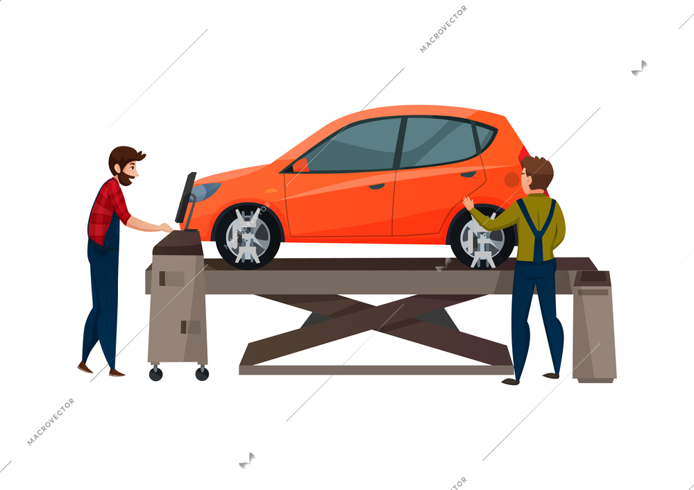 Car service center workers fixing breakdowns flat vector illustration