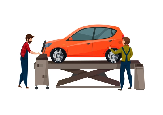 Car service center workers fixing breakdowns flat vector illustration