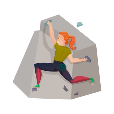 Female climber practising rock climbing on artificial wall flat vector illustration