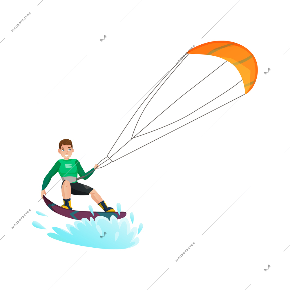 Happy male kitersurger during ride flat vector illustration