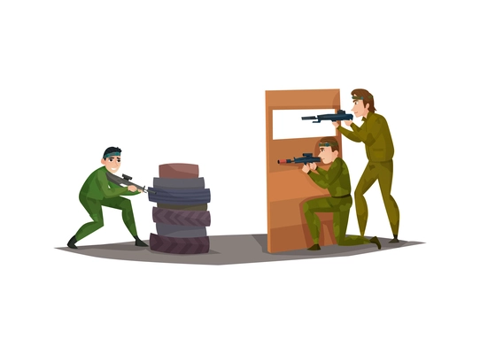 People with weapons during airsoft game flat vector illustration