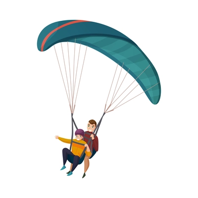 Tandem skydivers during flight with parachute flat vector illustration