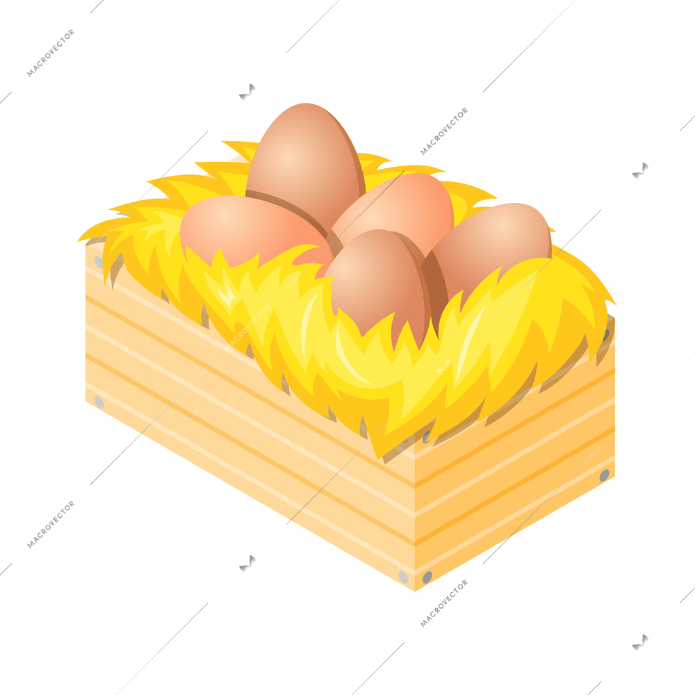 Fresh children eggs on hay in wooden nest isometric icon 3d vector illustration