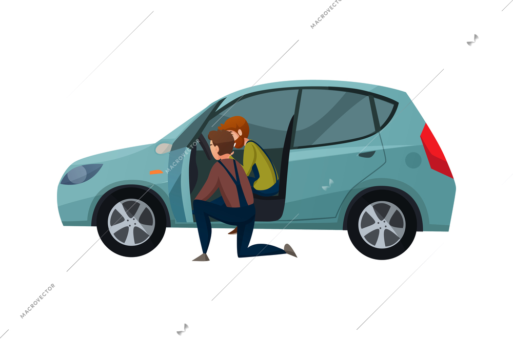 Car service center flat icon with two workers in uniform fixing vehicle vector illustration