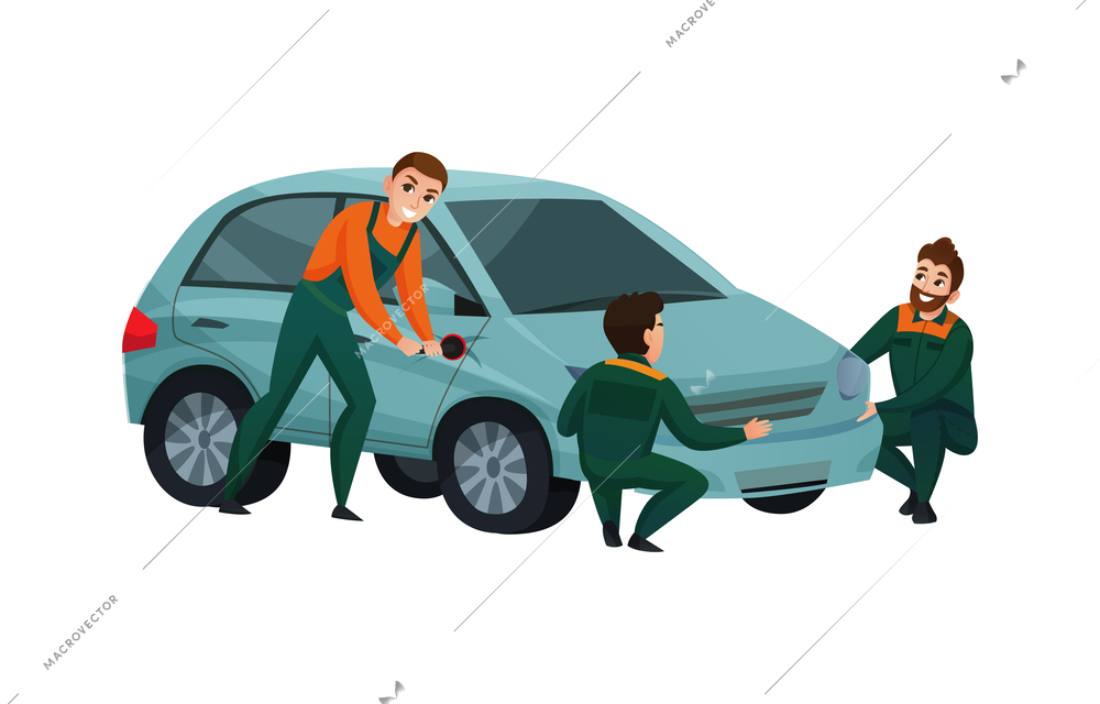 Three car service center workers repairing automobile flat vector illustration