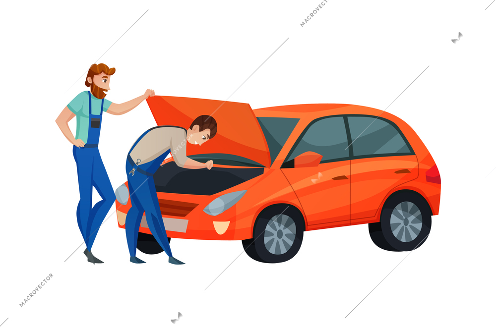 Car service workers during repair process flat vector illustration