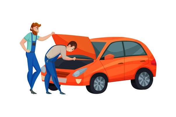 Car service workers during repair process flat vector illustration