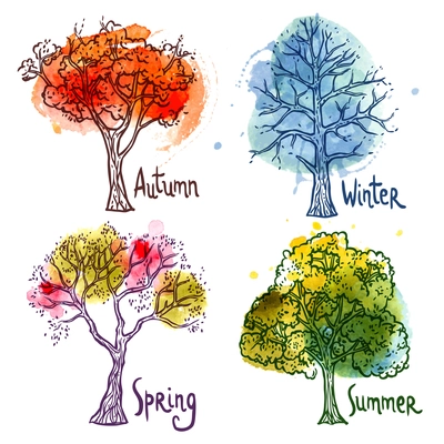 Watercolor year seasons tree decorative icons set isolated vector illustration
