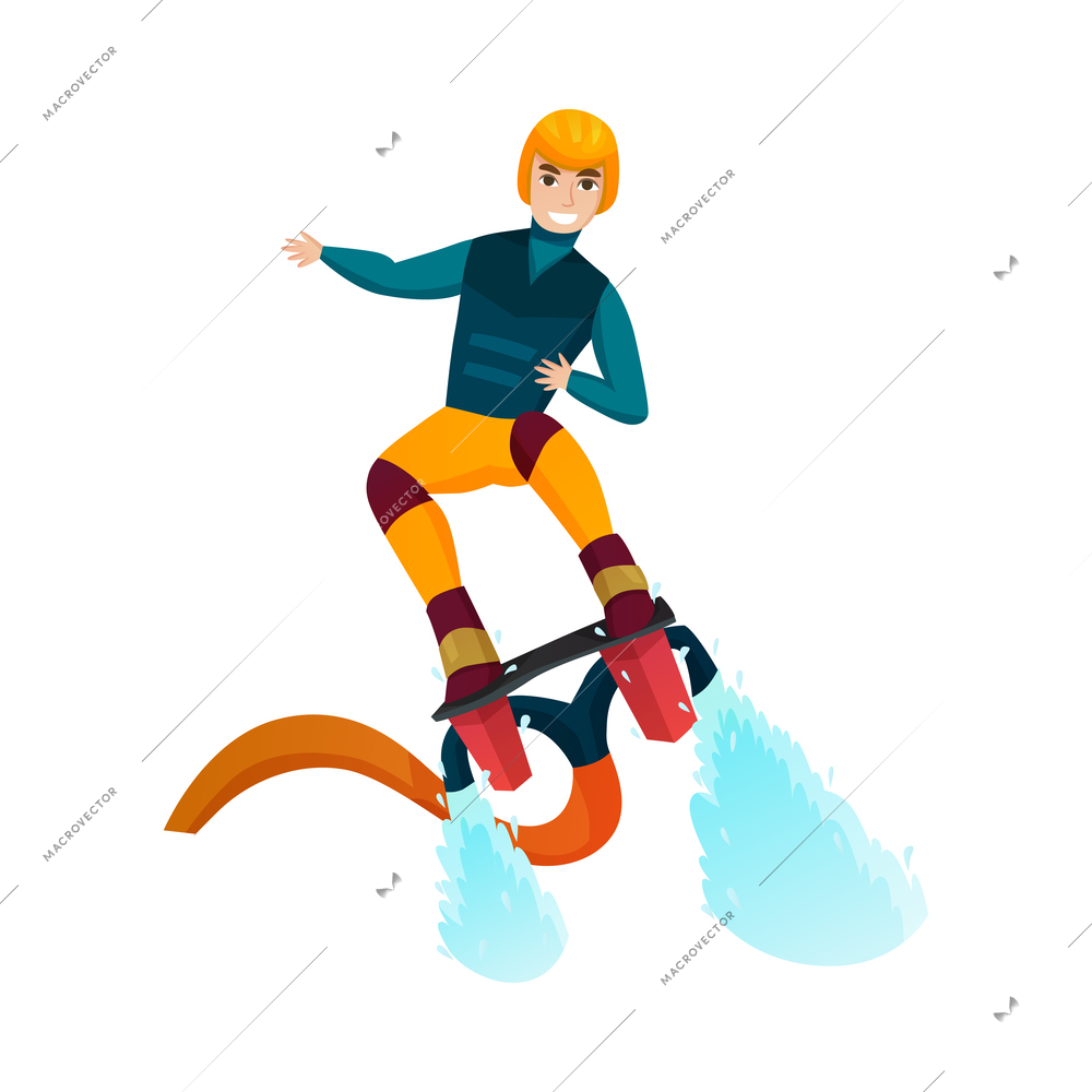 Happy man wearing helmet going flyboarding flat icon vector illustration