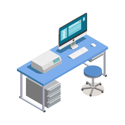 Hospital office or science laboratory interior isometric icon with computer desk 3d vector illustration