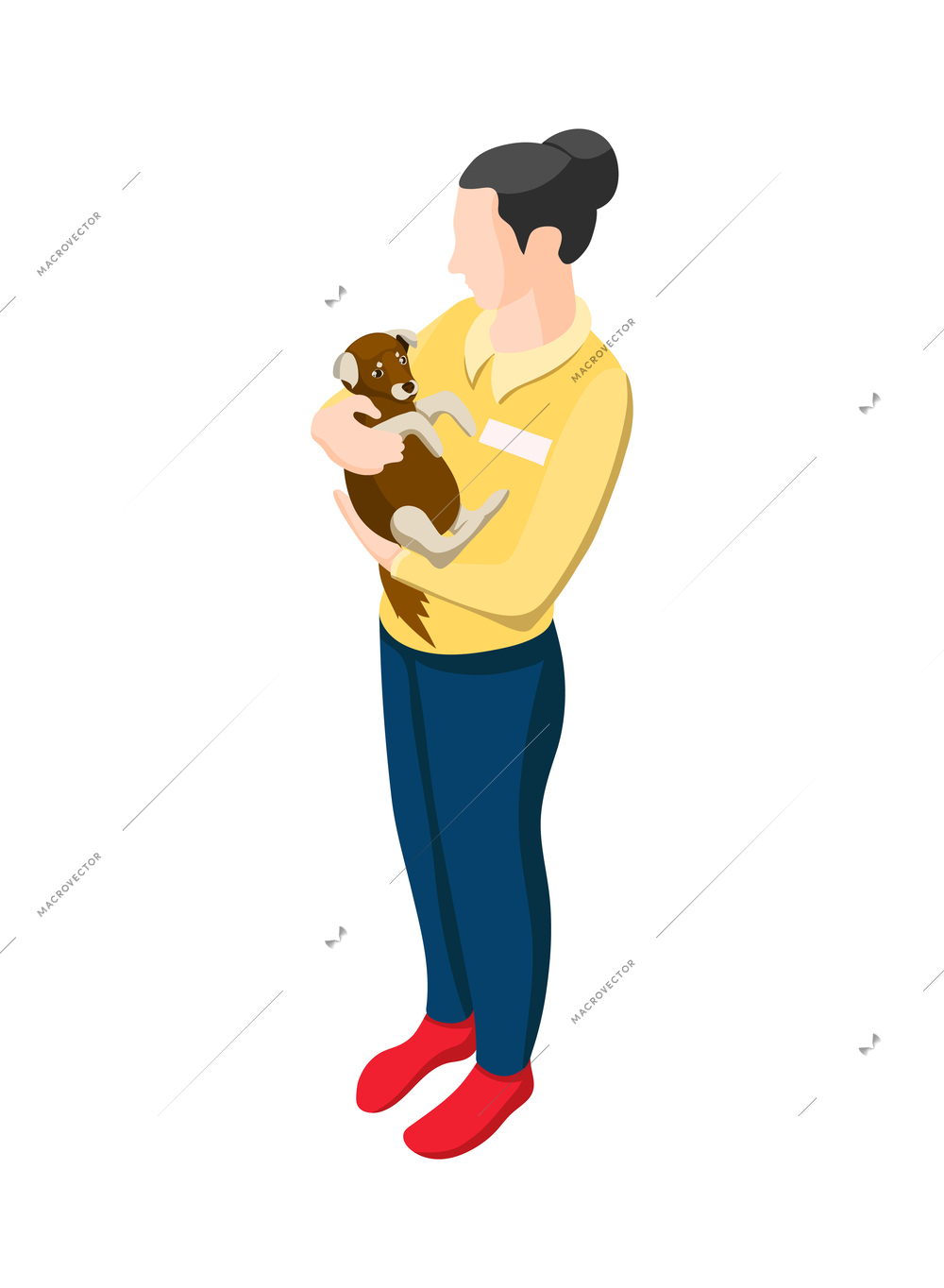 Animal care volunteering isometric icon with woman holding cute puppy vector illustration