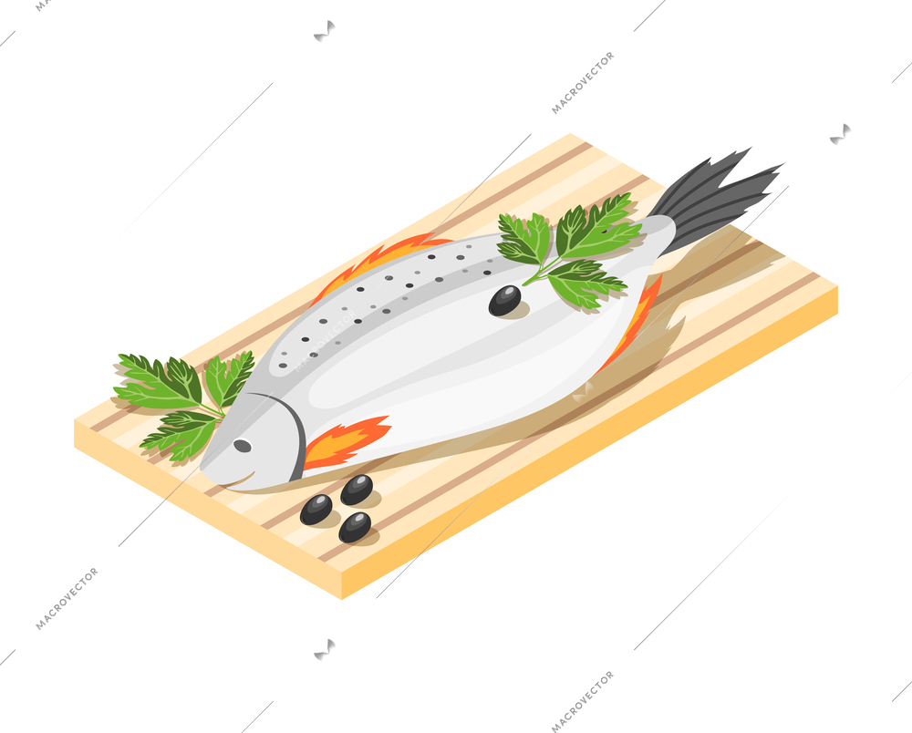 Fish on cutting board with black pepper and herbs isometric icon 3d vector illustration