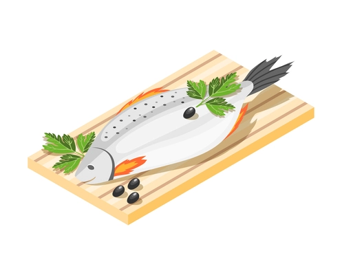 Fish on cutting board with black pepper and herbs isometric icon 3d vector illustration