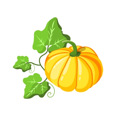 Yellow pumpkin with green leaves isometric icon vector illustration