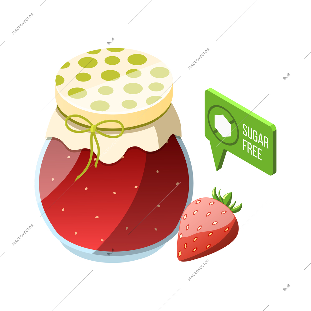 Glass jar of natural sugar free strawberry jam isometric icon 3d vector illustration