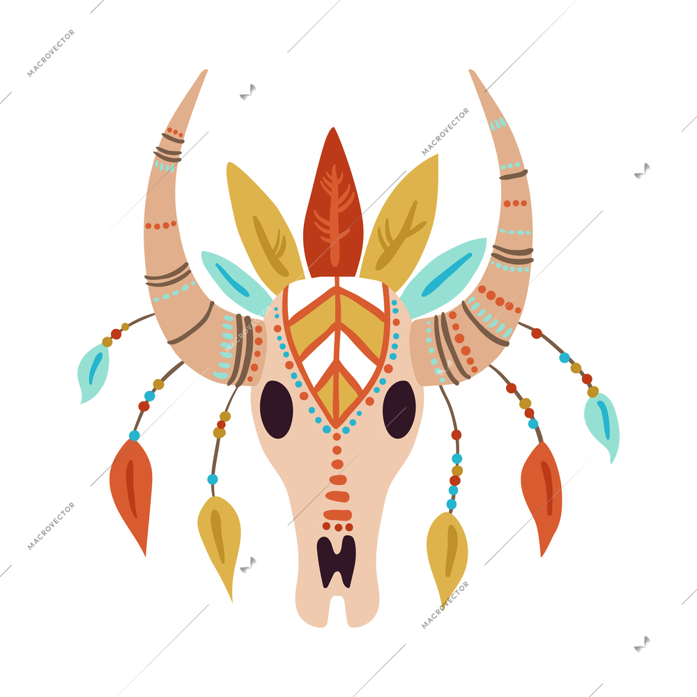 Buffalo skull with feathers boho style decorative element flat vector illustration