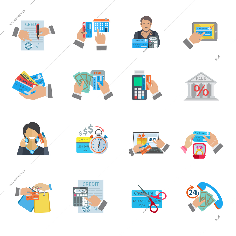 Credit life finance and payment icon flat set isolated vector illustration