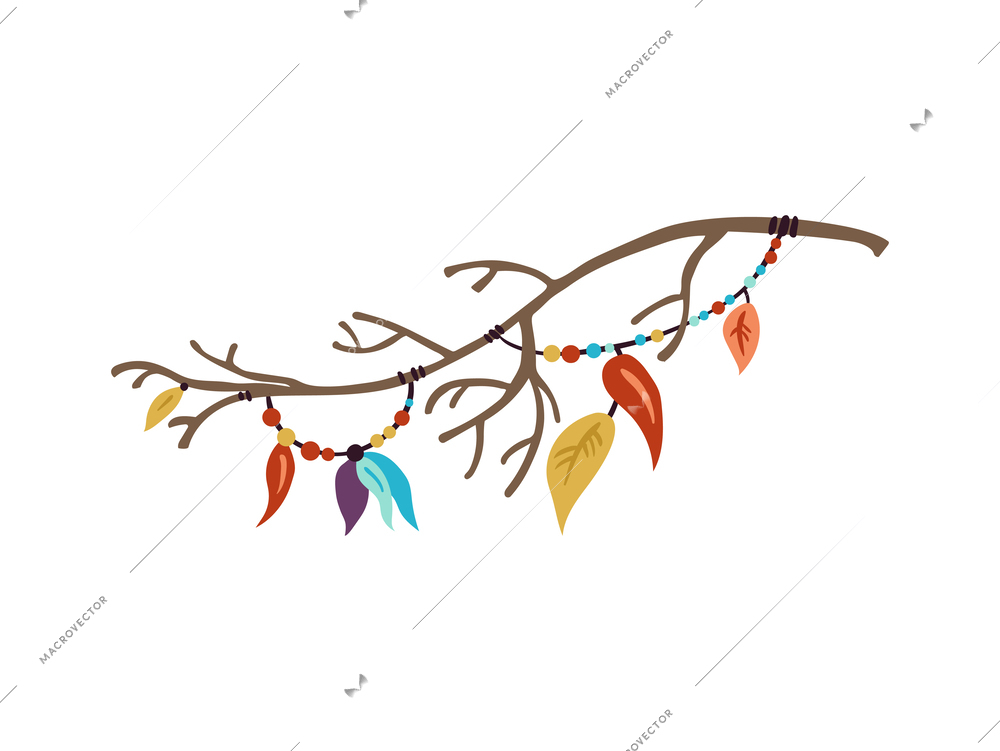 Tree branch decorated with boho style elements flat vector illustration