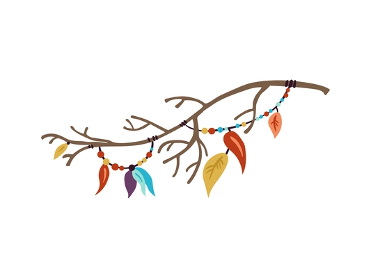 Tree branch decorated with boho style elements flat vector illustration