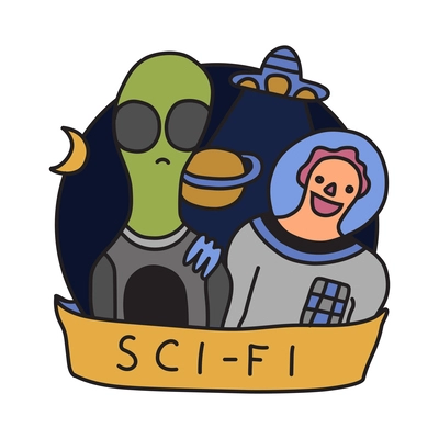 Science fiction film genre flat emblem with alien and astronaut in space vector illustration