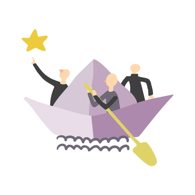 Teamwork team collaboration for success flat concept with three people together in boat vector illustration