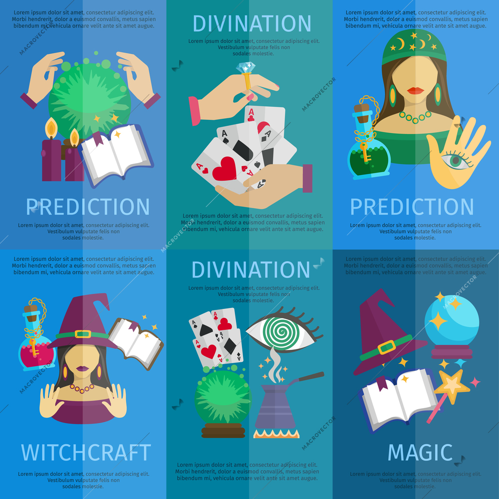 Fortune teller mini poster set with witchcraft magic prediction and divination promo isolated vector illustration