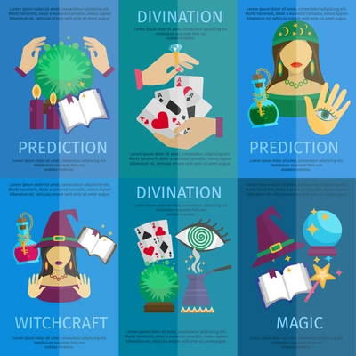 Fortune teller mini poster set with witchcraft magic prediction and divination promo isolated vector illustration
