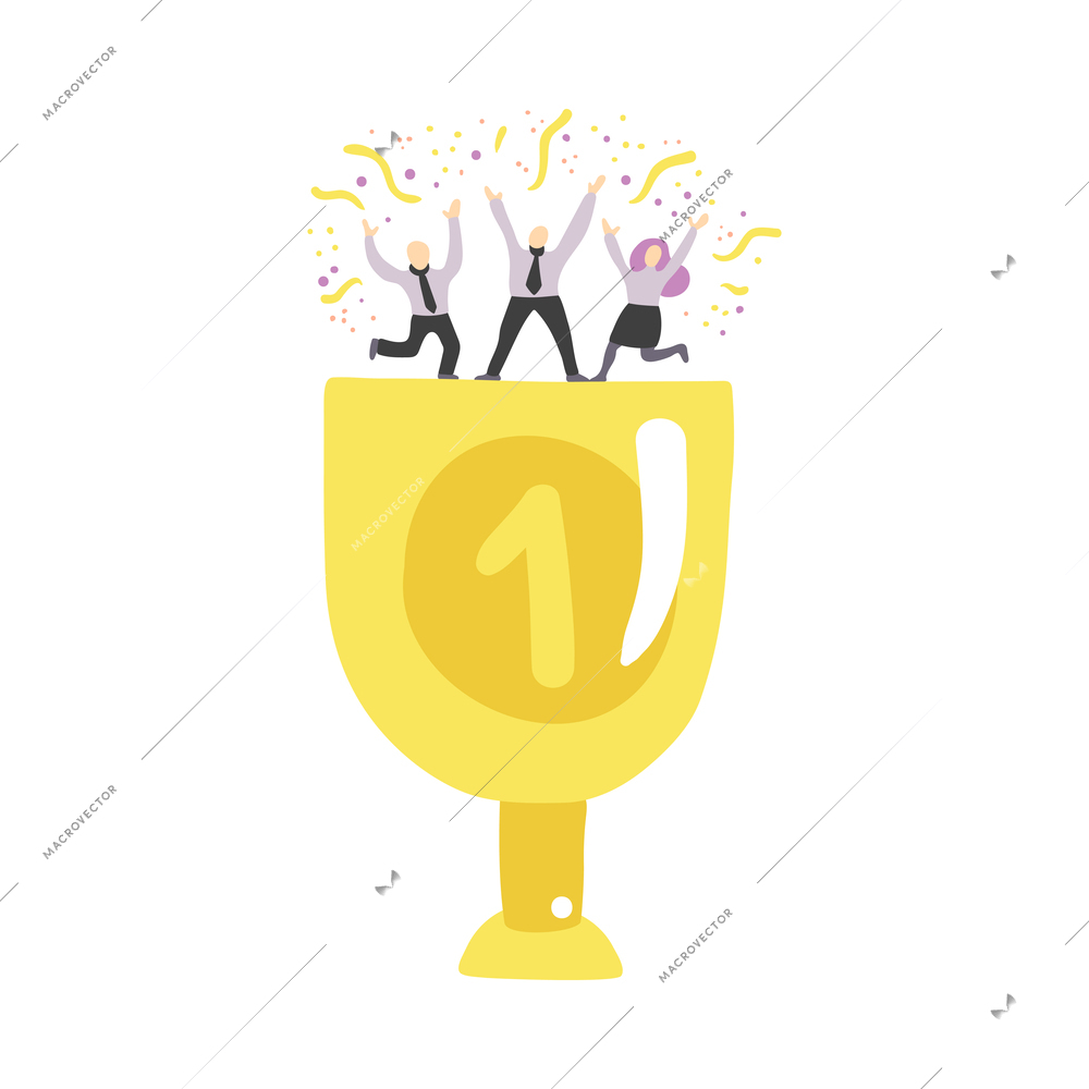 Teamwork flat concept with winner cup and people celebrating success vector illustration