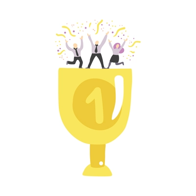 Teamwork flat concept with winner cup and people celebrating success vector illustration