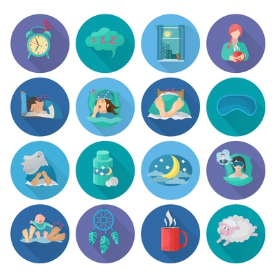 Sleep time flat long shadow icons set with alarm clock snoring man bedroom isolated vector illustration