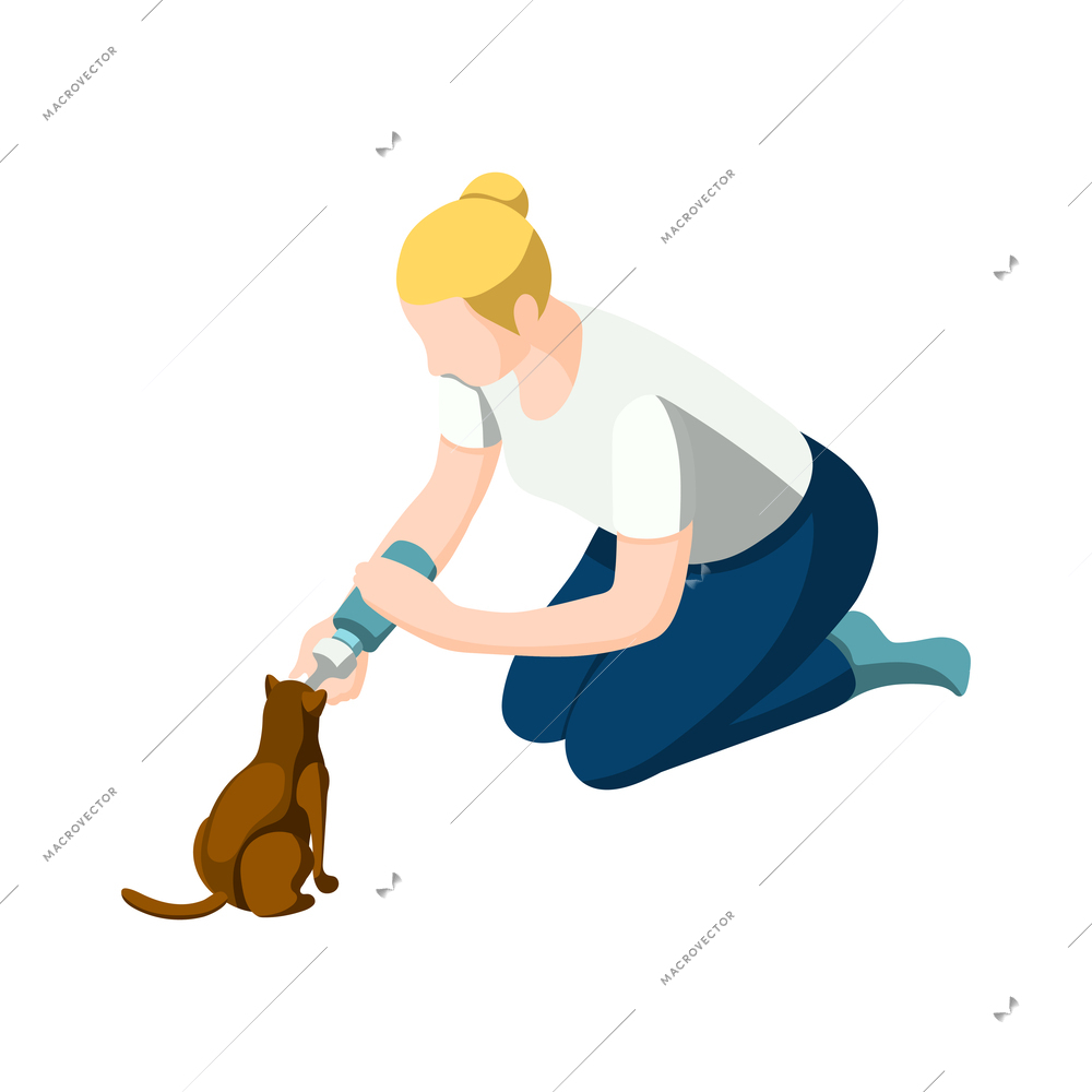 Animal care volunteering isometric icon with woman feeding little kitten vector illustration