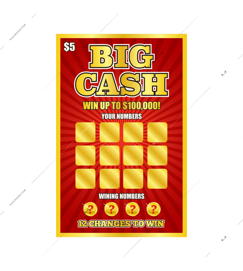 Big cash instant lottery ticket flat vector illustration