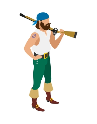 Male pirate character wearing bandana holding musket isometric icon vector illustration