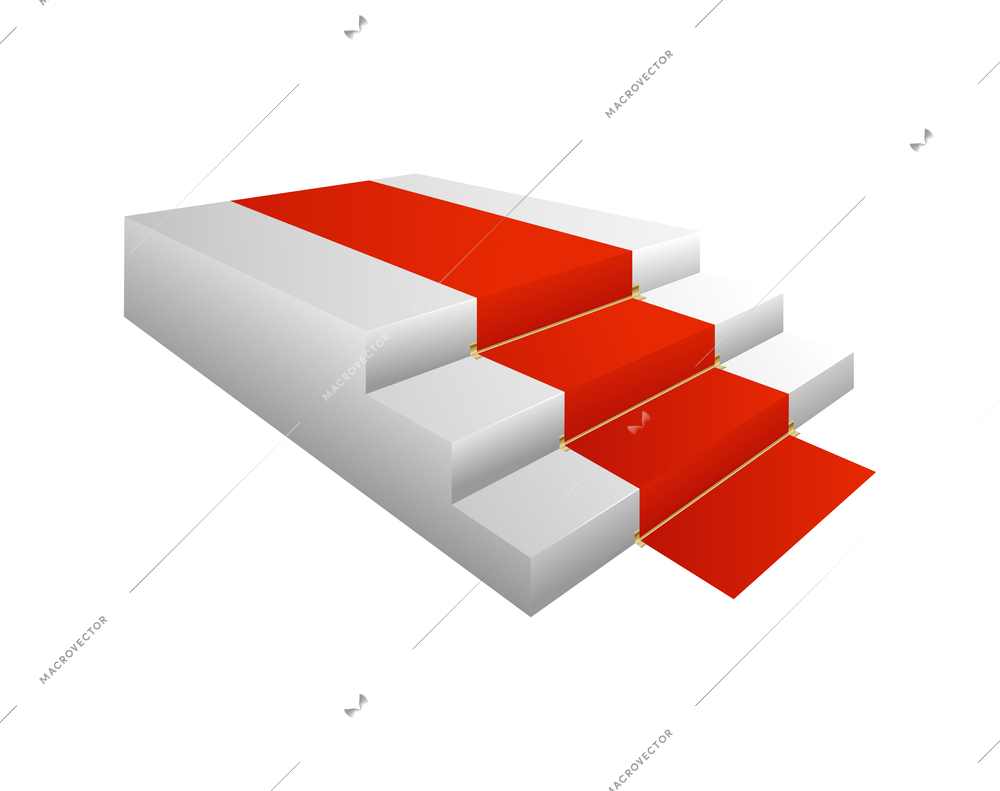 Realistic white stairs with red carpet with ceremony hall interior vector illustration