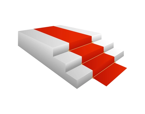 Realistic white stairs with red carpet with ceremony hall interior vector illustration