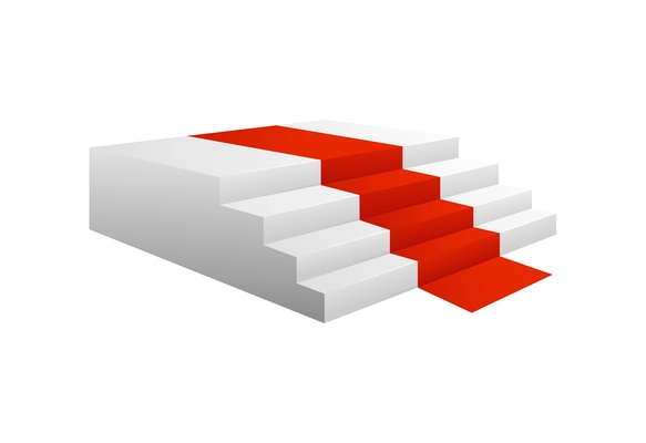 White stairs with red carpet realistic 3d vector illustration