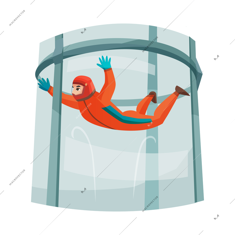 Man exercising in vertical glass wind tunnel flat vector illustration