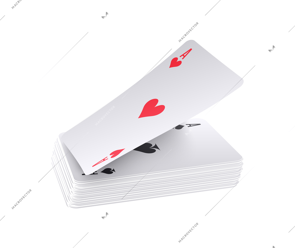 Realistic playing cards deck with ace of hearts and spades on top vector illustration